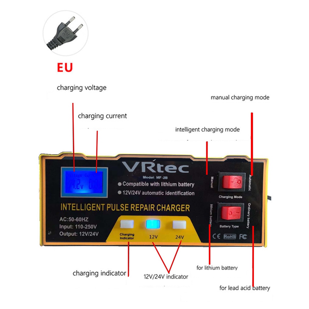 Charger Aki 12V/24V 6-105AH MF-2B VRtec Smart Battery Charger Mobil Motor