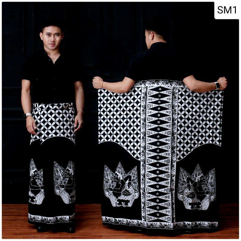 Sarung Pria Dewasa Motif Semar Kipas Motif Tumpal Bawah Warna Putih Warna Coklat Warna Gold - Sarung
