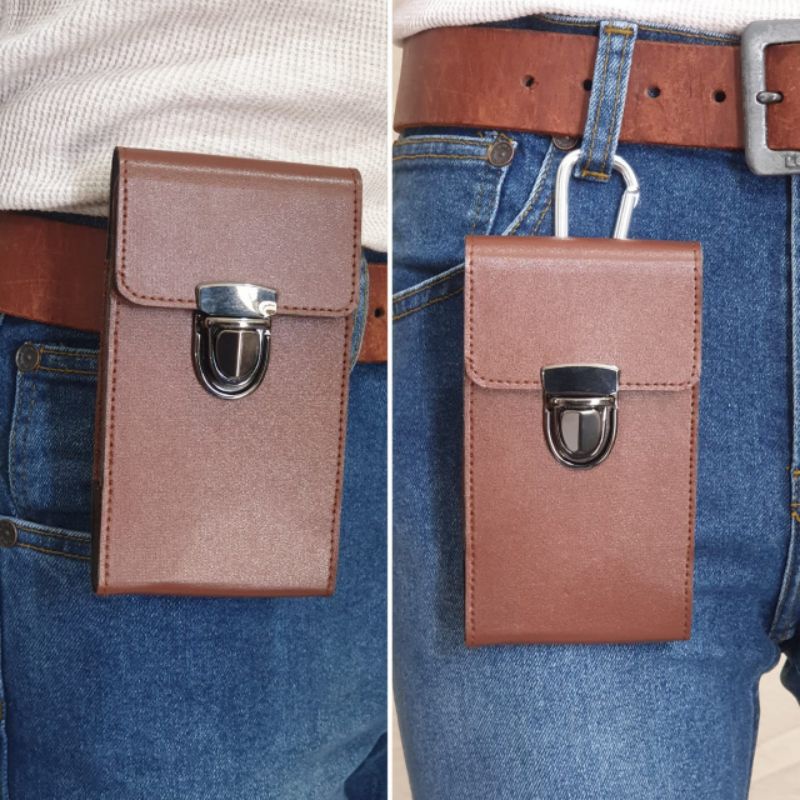 Sarung Hp Pinggang Kulit Sintetis Hitam Coklat
