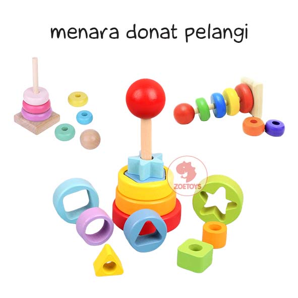 Zoetoys Menara Geometri Donat Pelangi | Ring Rainbow Tower | Menara Pelangi Kayu | Mainan Edukasi Anak