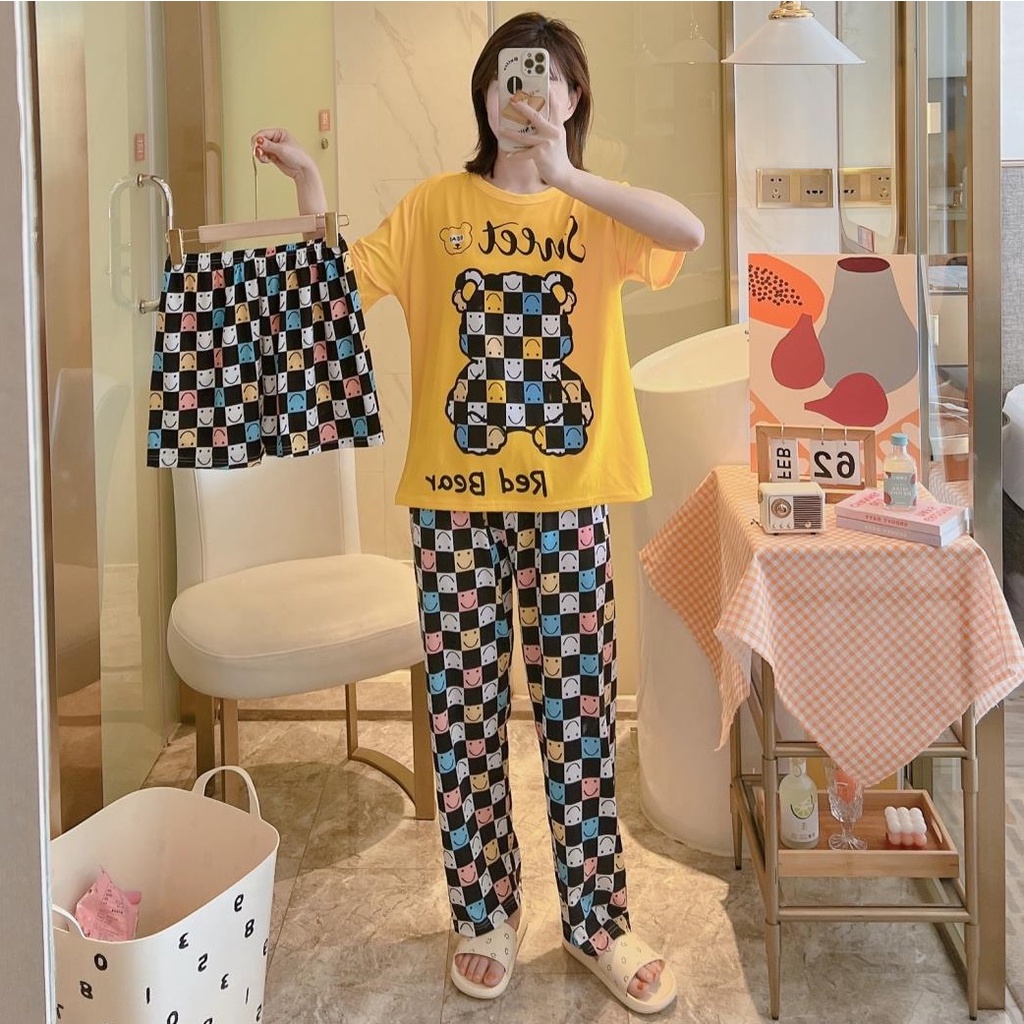 AJW Shop Piyama 3in1 | Piyama Import Dewasa | Setelan Wanita Kekinian | Baju Tidur Wanita Dewasa-BearKotak Yellow