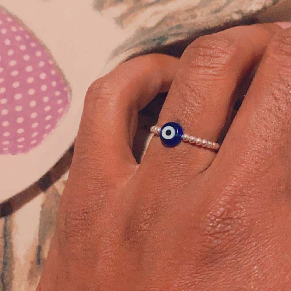 Mxbeauty Cincin Mata Biru Hip Pop Hadiah Pesta Kaca Biru Warna-Warni Logam Beruntung Setan Mata Manik-Manik Cincin