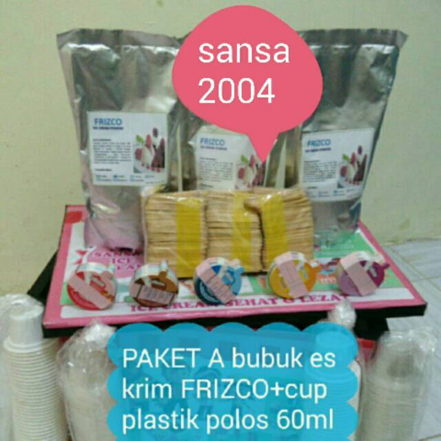 

Paket A(bubuk eskrim+cup plastik 60ml+sendok dan tutup)