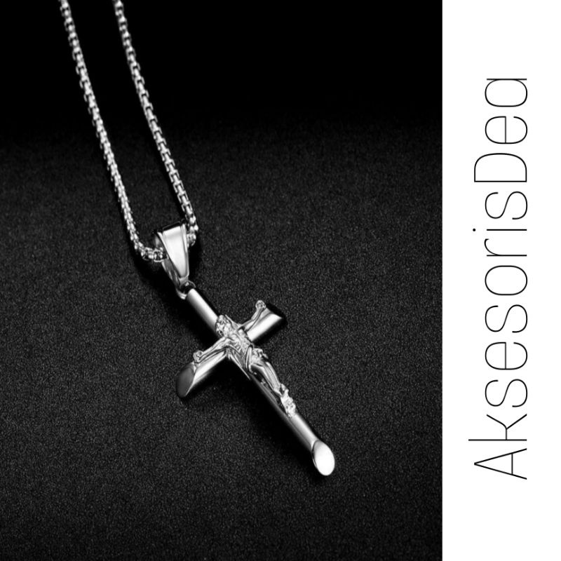 KALUNG SALIB TITANIUM RANTAI ROLO SILVER ANTI KARAT SALIB JS