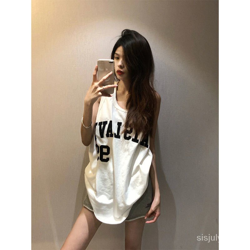 Katun murni musim panas baru rompi longgar wanita pencetakan tiga dimensi hip-hop mid-length T-shirt