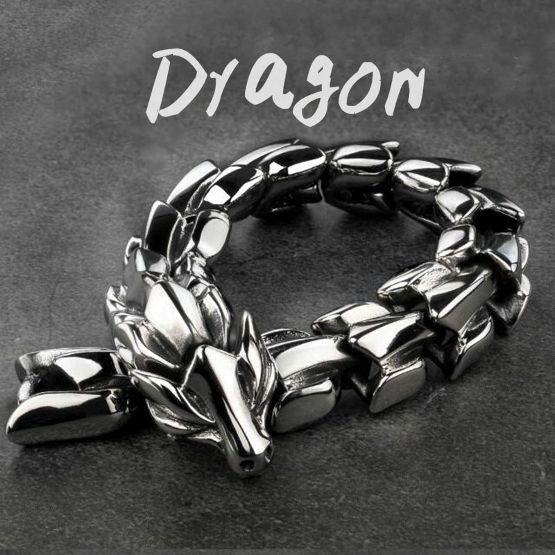 Gelang Panjang 20cm Desain Naga Tengkorak Bahan Titanium Steel Warna Silver Gaya Retro Punk Untuk Pria