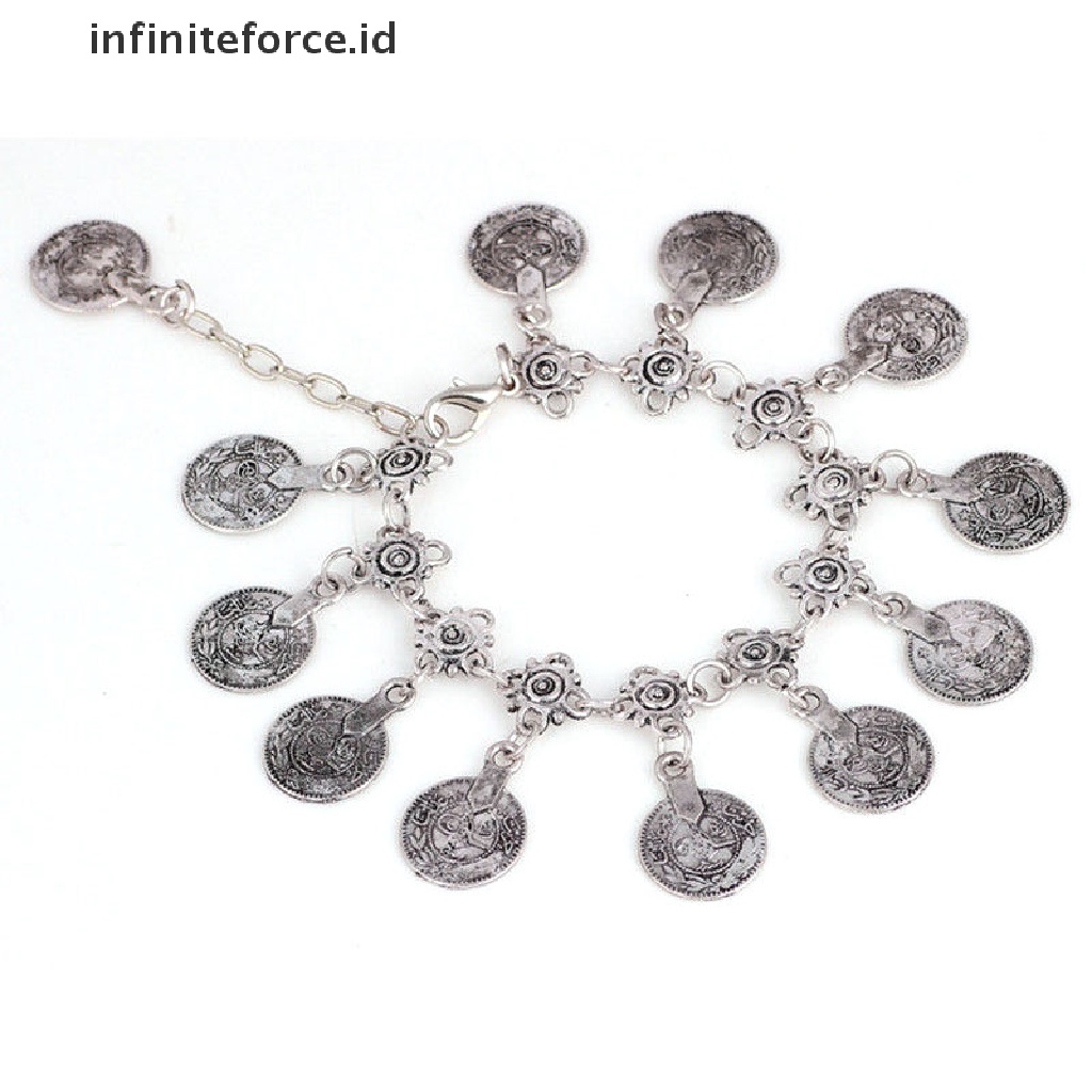 Infiniteforce.id Gelang Kaki Rantai Silver Wanita Desain Koin Antik Boho Gypsy