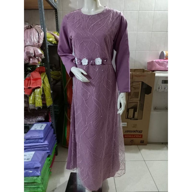 dress panjang brukat tile mewah pesta premium brokat import bunga mutiara pinggang karet belakang