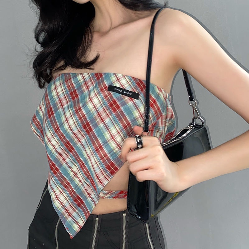 Suhao American top StyleC American style retro plaid tube top ultra-pendek luar lengan panjang t-shi