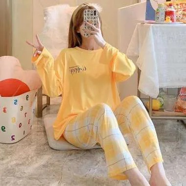COMFIT STORE PJ3 PP Setelan Piyama Wanita Jumbo Tangan Panjang Celana oversize Baju Tidur Dewasa Import Korea-HAPPY KUNING