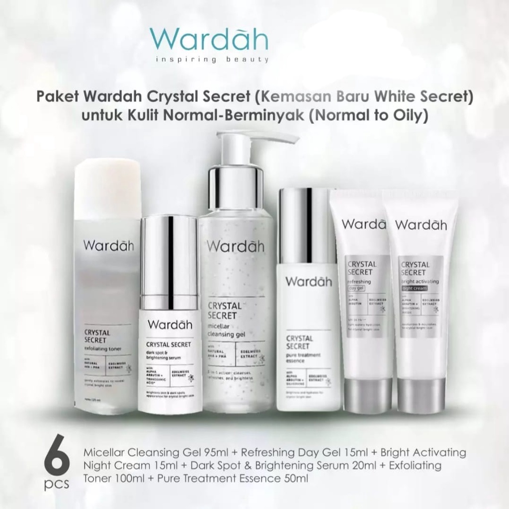 Paket Wardah Crystal Secret (WHITE SECRET) untuk Kulit Normal - Berminyak / Oily Skin 6pcs - (Micell