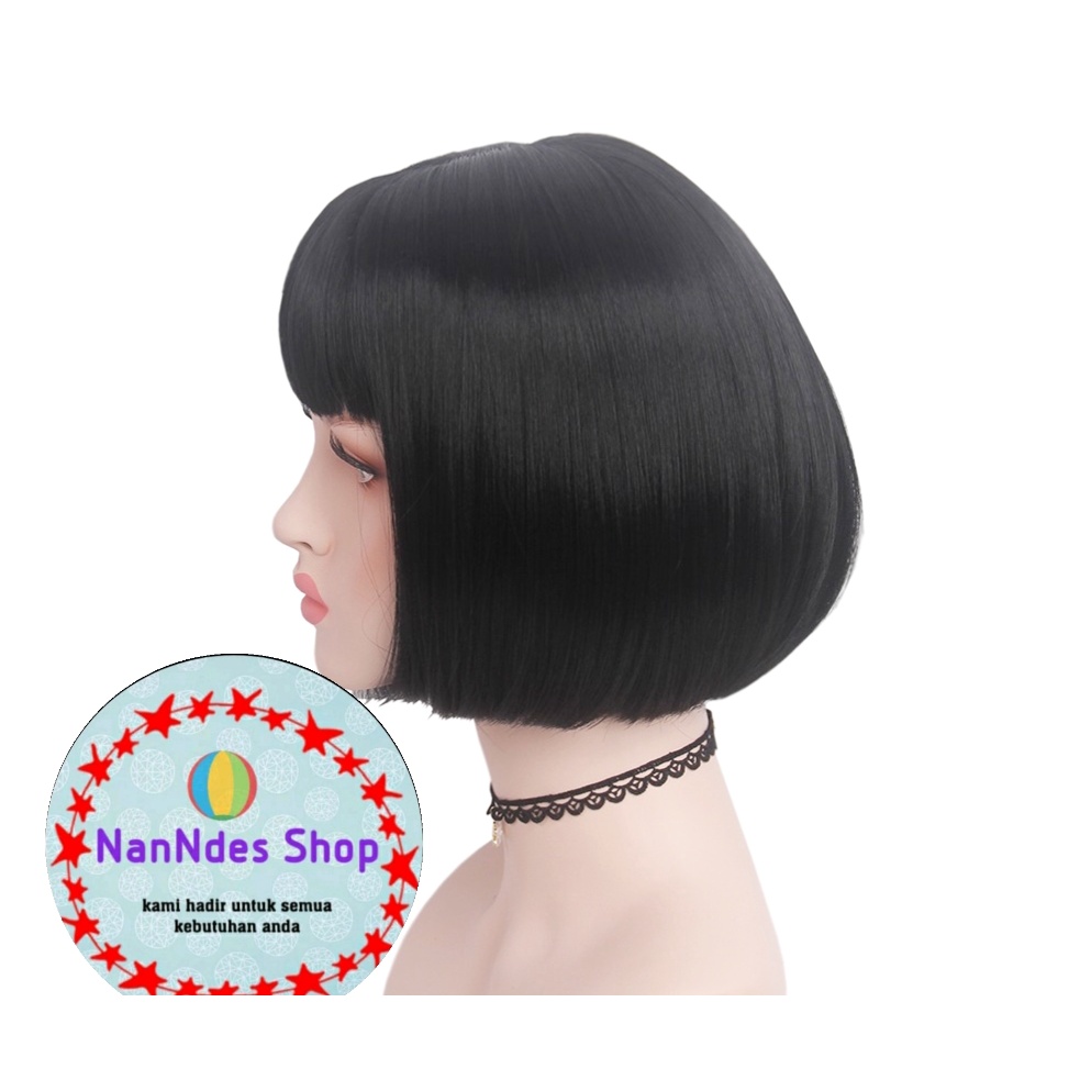 Wig Bob Hitam/ Wig pendek lurus / Wig Cosplay/ Rambut Palsu full/ Wig lurus pendek/ Wig poni