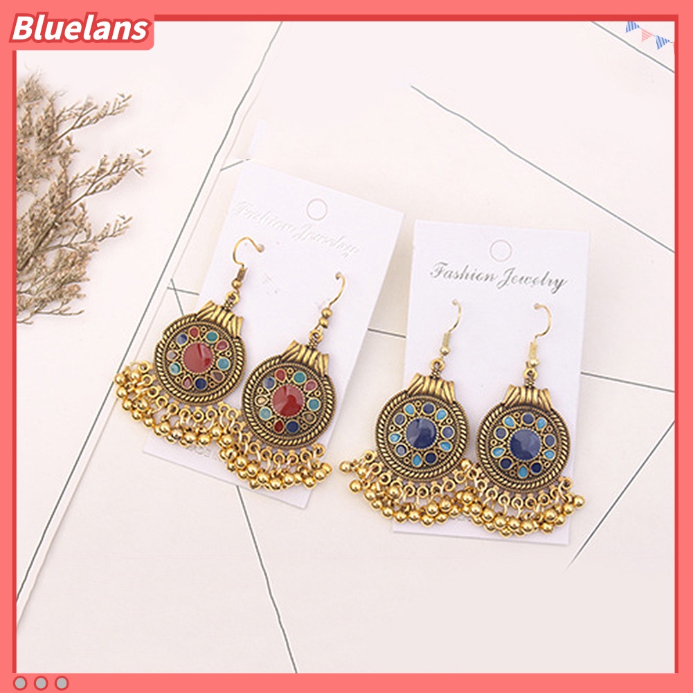 Bluelans Women Ethnic Tassel Disc Flower Bead Pendant Long Dangle Hook Earring Jewelry