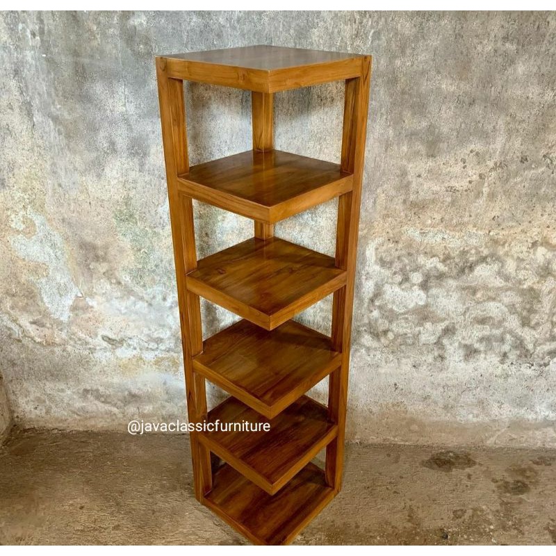 RAK BUKU PAJANGAN POT BUNGA POJOK SUDUT MINIMALIS BAHAN KAYU JATI FINISHING NATURAL TINGGI 150 CM-2