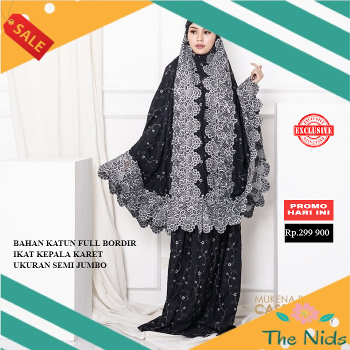 MUKENA KATUN BORDIR TASIK EKSKLUSIF CASSANDRA HITAM ABU SEMI JUMBO