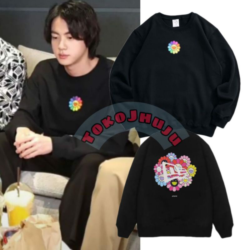 Basic Sweater BTS Jin Style SMILE BIG FLOWER PRINT DTF depan belakang