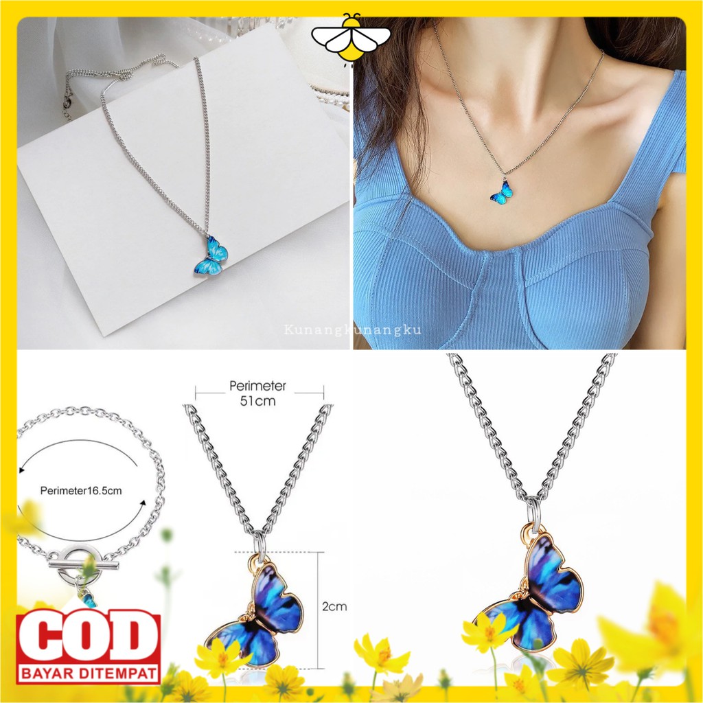 Kalung Rantai Silver Liontin Kupu Warna Biru Aesthetic /Aksesoris kalung Korea Butterfly