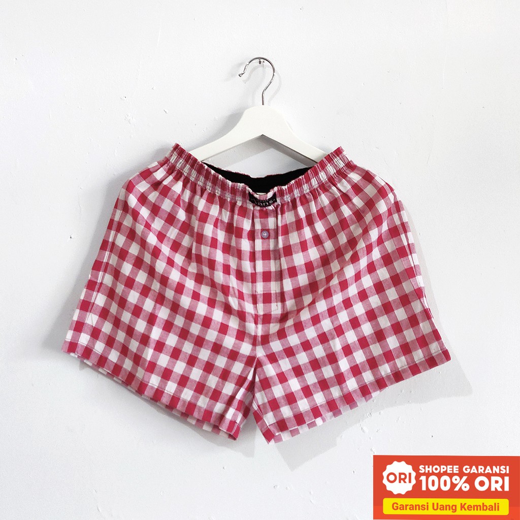 Celana Pendek Casual Pria Dewasa Motif Kotak Original Bahan Katun Tipe Unisex All Size - Merah