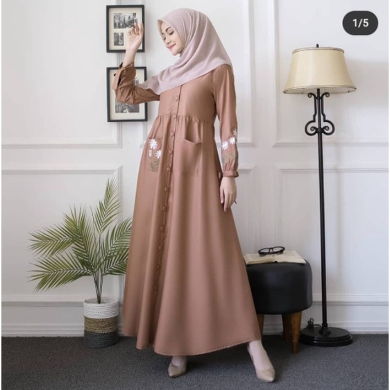 Bahan TOYOBO PREMIUM | Ukuran 5L XXXL XXL XL L M S | BORDIR DAISY MAXI DRESS JUMBO-Mocca