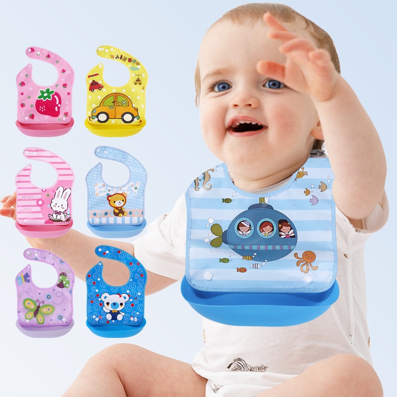 Premium Baby Bibs Silikon BPA Free Waterproof MPASI Celemek Makan Bayi Feeding Silicone Slabber Bib/C 2