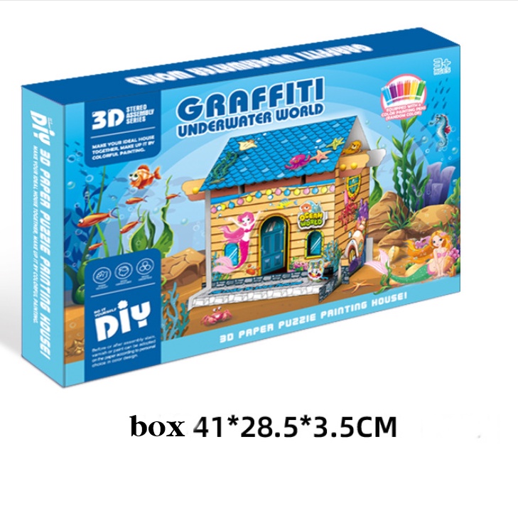 [ORGM] Mainan Edukasi DIY Mewarnai Puzzle Rumah Doodle Cardboard House Grafitti