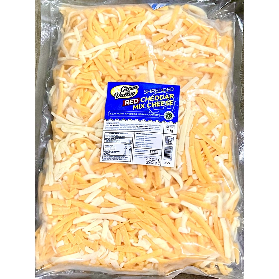 

GREEN VALLEY SHREDDED RED CHEDDAR MIX CHEESE ORIGINAL 1KG KEJU MOZZARELLA