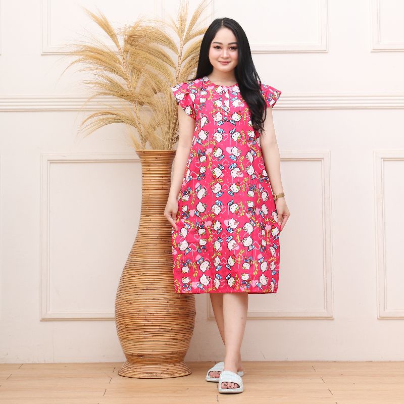 Daster Batik Lengan pendek - Motif Acak / Campur - Leher Kancing /Batik karakter busui-Helkit pink