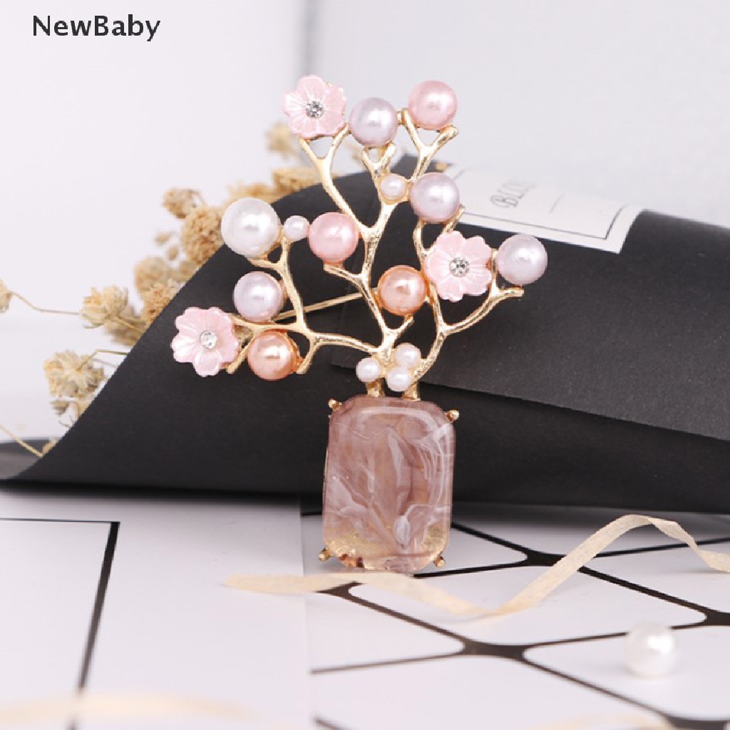 Newbaby 1pc Bros Pin Metal Bunga Plum Pink Hias Mutiara Untuk Aksesoris Kerah Pakaian Wanita