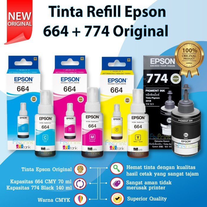 Tinta Epson 774 T774 Black 664 T664 CMY L1455 L365 L655 100% Original