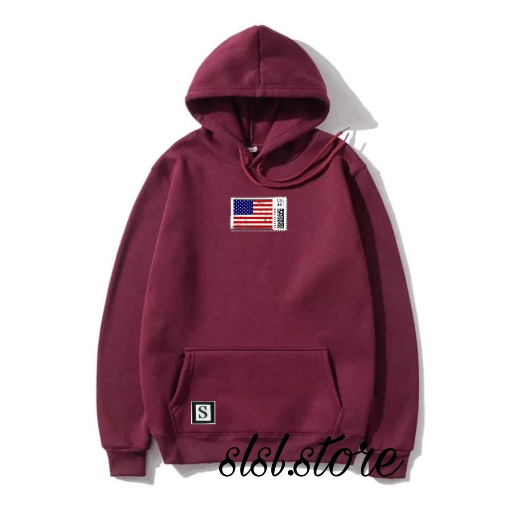 Sweater Hoodie Distro Pria Bahan Katun Tebal Warna Merah Maroon Newyork Switer Hodie Cowok Bendera Amerika