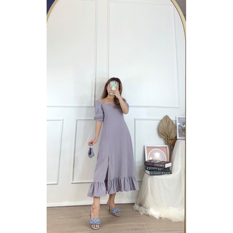 Dress Wanita Korean Dress Midi Slit Smocked Dress Slit Dress SlitDress DressWanita Dresscewek+free masker