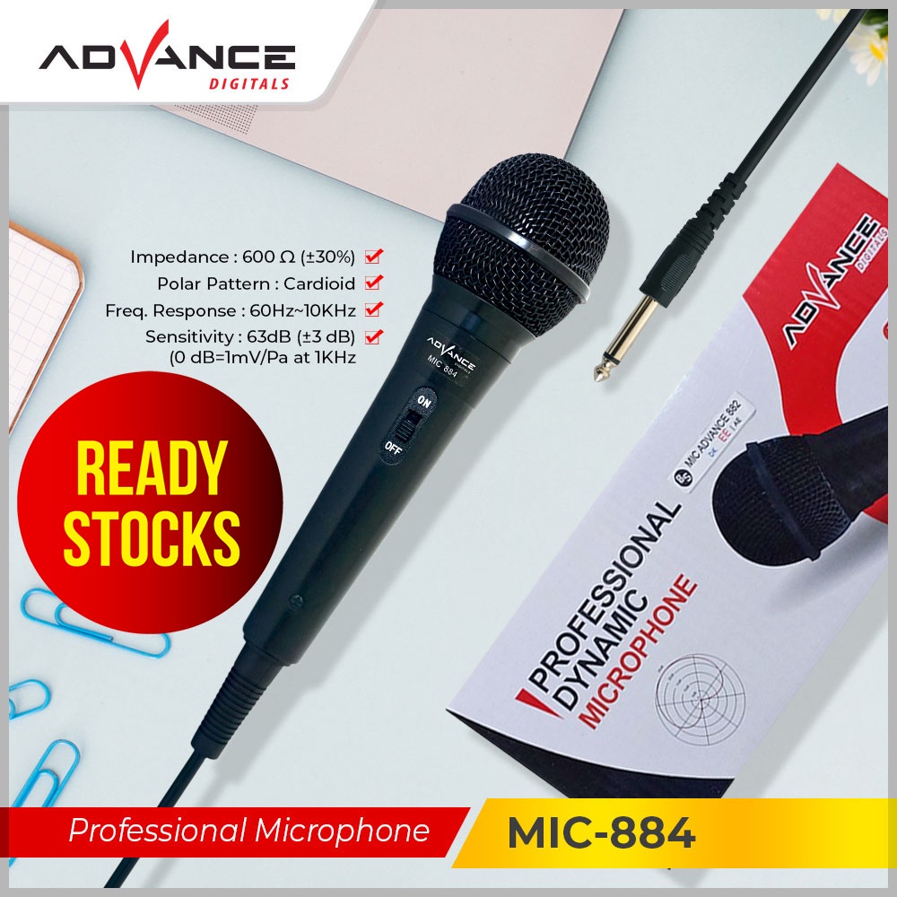 Advance Mic Karaoke Profesional Dynamic Microphone Mic Kabel MIC-884 Jack Besar 6,5MM Garansi 1 Tahun