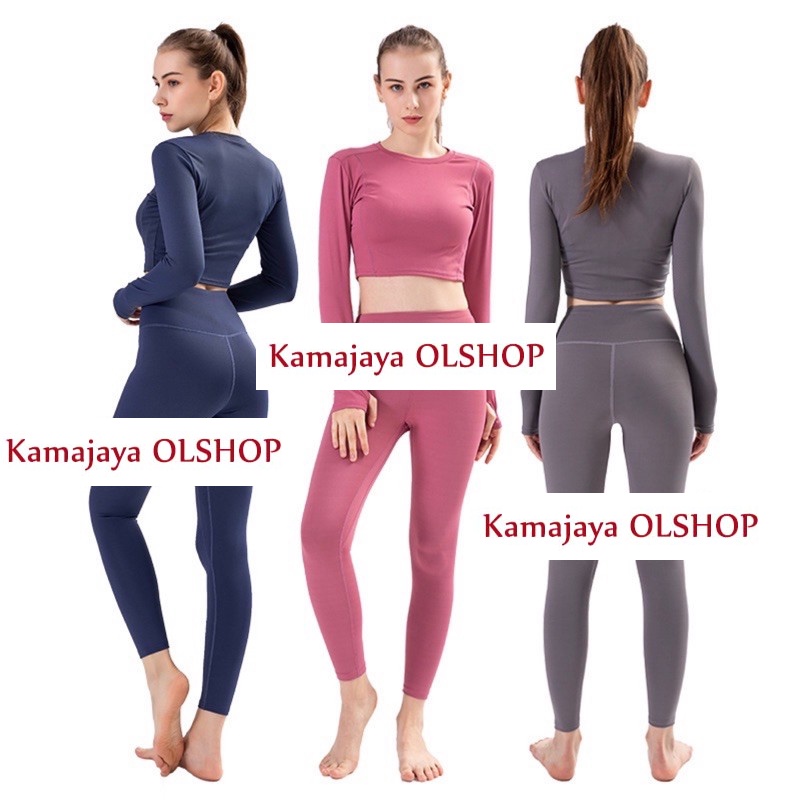 New Set Pakaian Zumba Senam Wanita Oneset 2pcs setelan polos panjang pakaian wanita olahraga gym fit