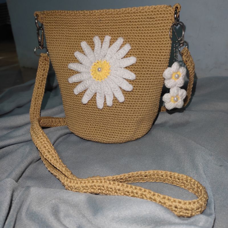tas rajut, daisy flower bag