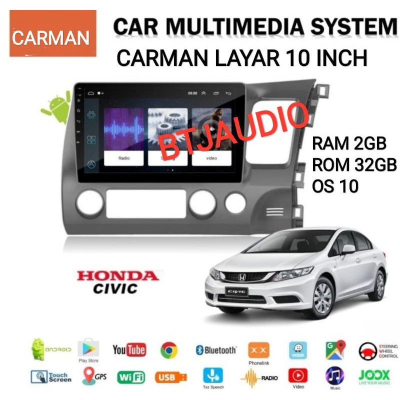 HEAD UNIT TAPE MOBIL ANDROID HONDA CIVIC 2006-2011 RAM 2GB LAYAR 10 INCH