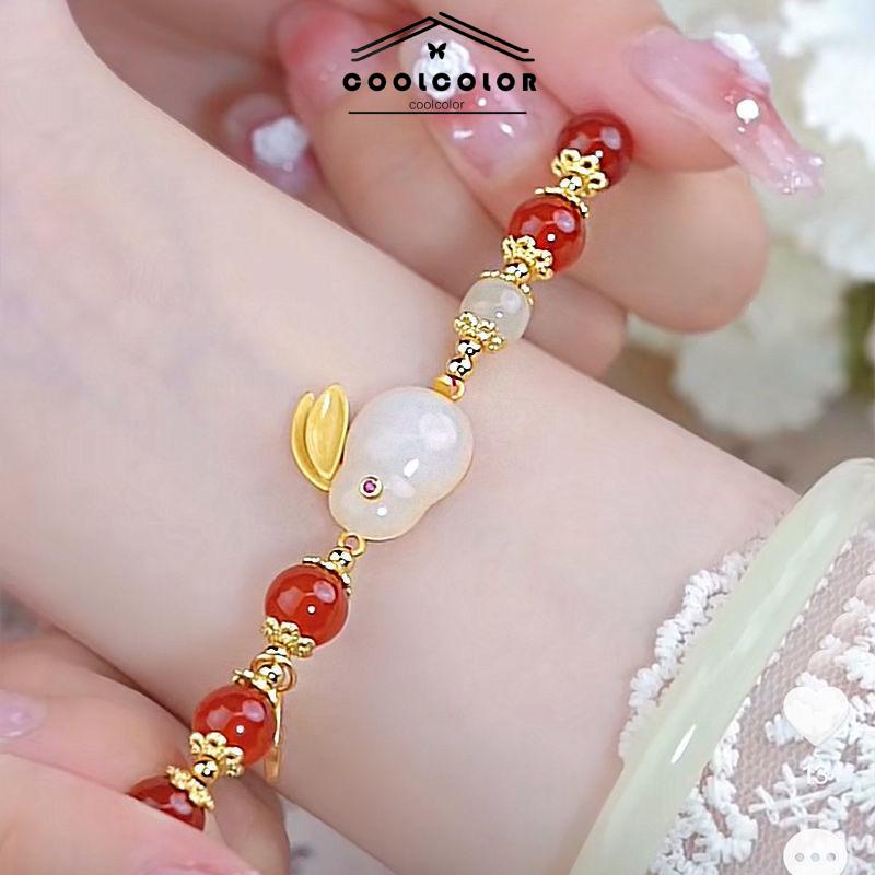 COD❤️Gelang Kelinci Giok Manik-manik Merah Marou ins Fashion Wanita Kelas Atas Hadiah Hari Valentine Perhiasan Fashion Aksesoris Impor Murah