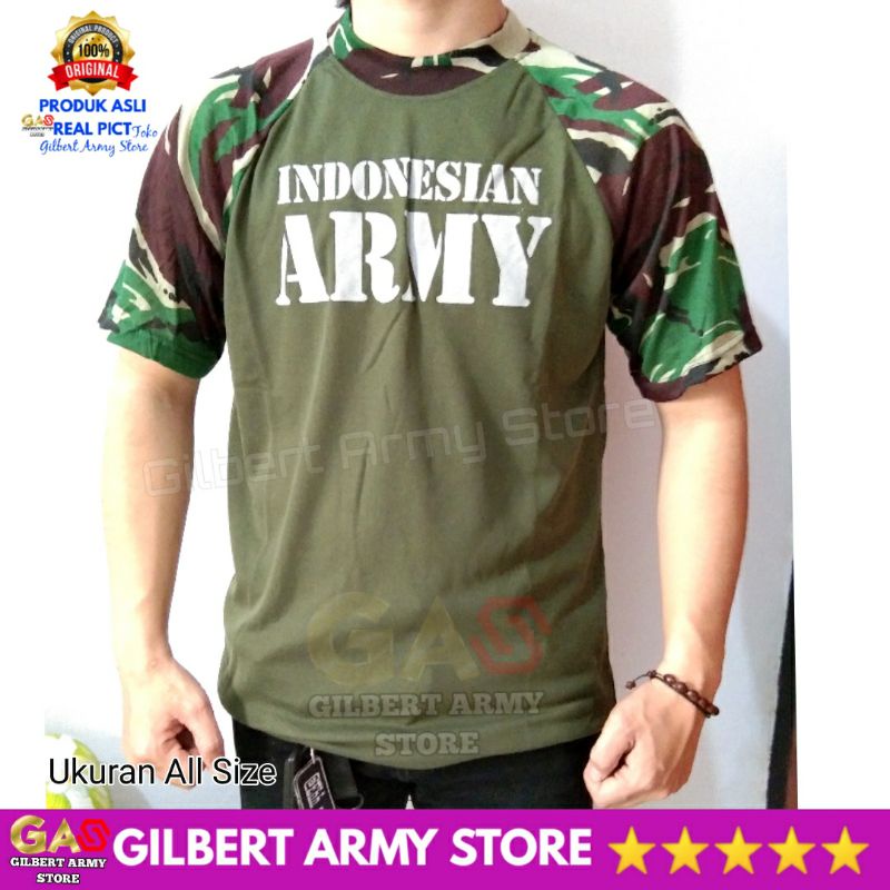 GILBERT ARMY STORE Kaos Loreng Reglan Pendek Indonesia Army Variasi Hijau Malvinas Pria Dewasa