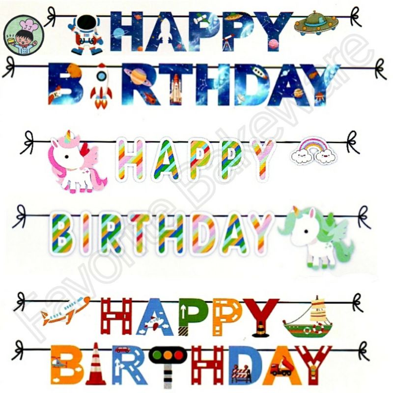 Bunting Flag Happy Birthday Banner Ulang Tahun Karakter Astronot Transportation Unicorn Ultah