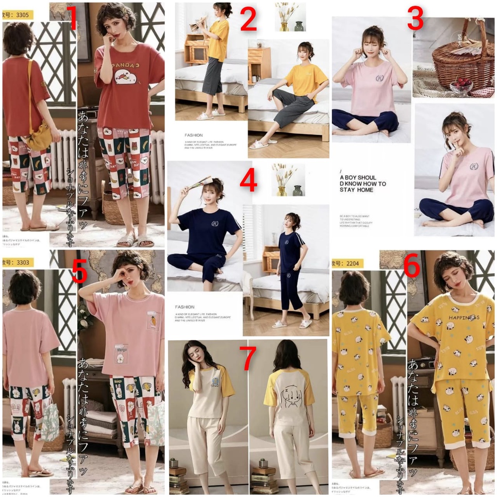 Baju tidur piyama setelan celana 7/8 bahan kaos import