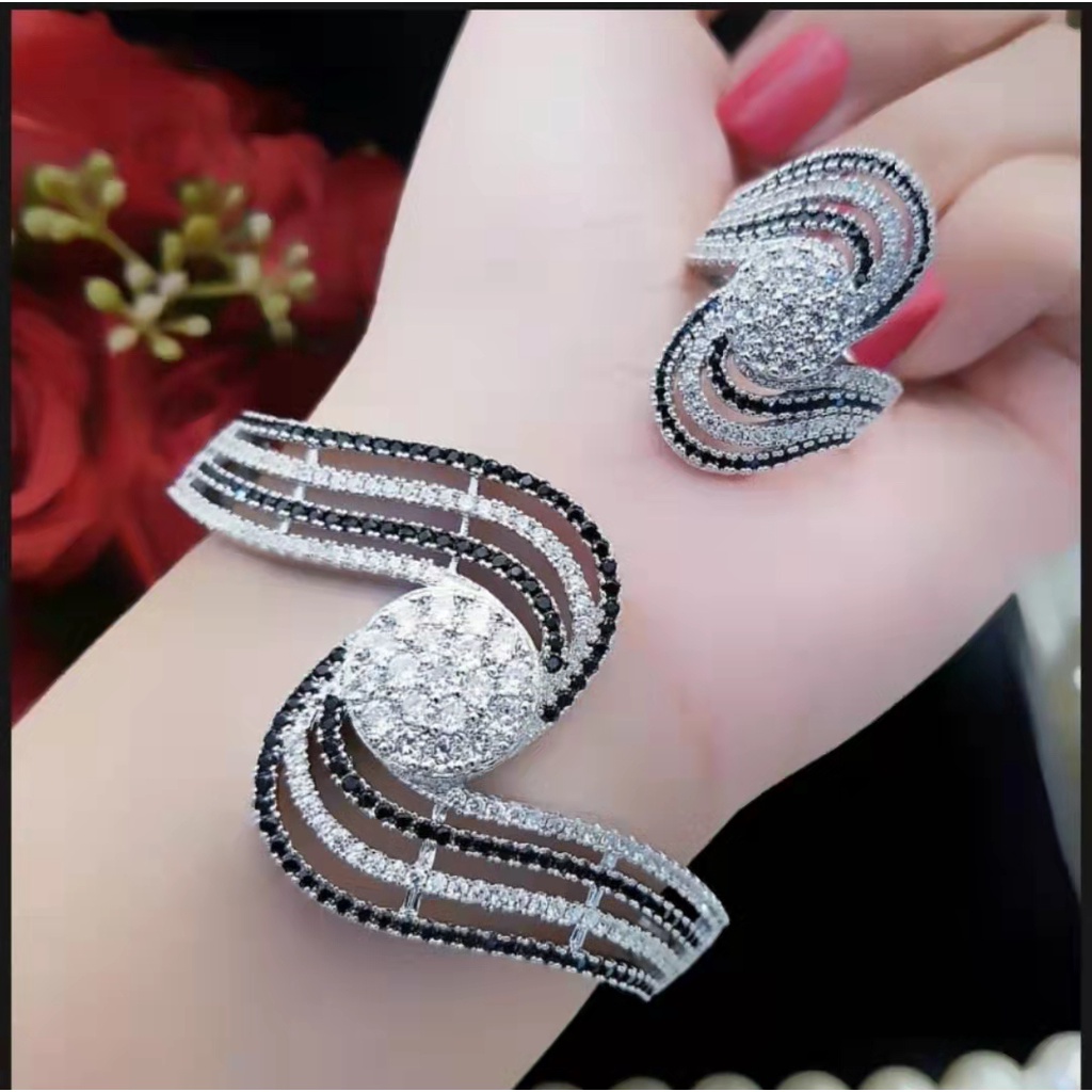 Set Perhiasan Xuping Gelang Dan Cincin Permata putih/hitam Lapis Emas