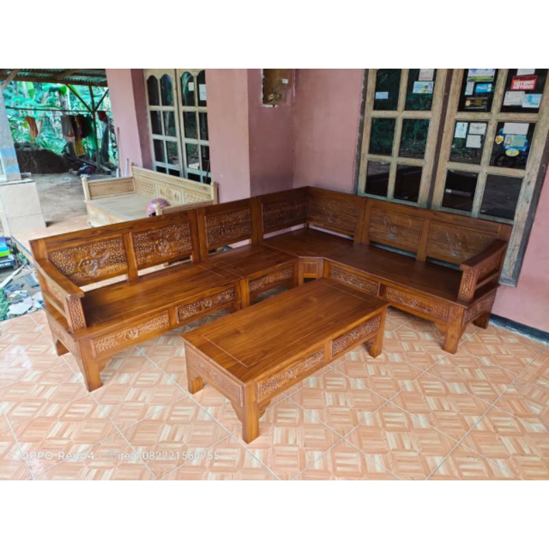 KURSI TAMU SUDUT MINIMALIS KAYU JATI TPK (jati Tua)