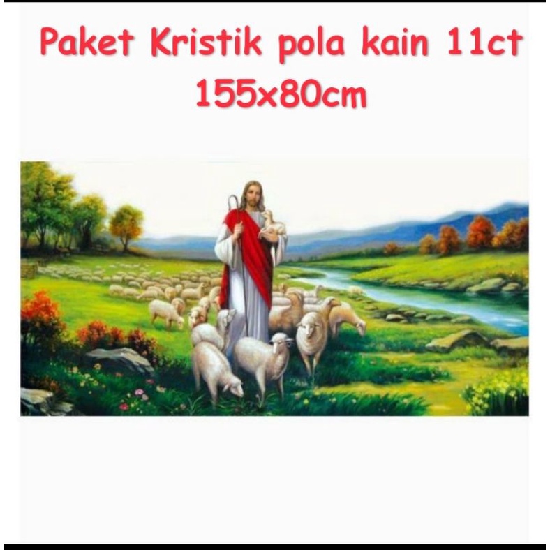 DIY paket kristik Yesus gembala domba pola kain Jesus the shepherd sulaman cross stitch kit dmc 14ct