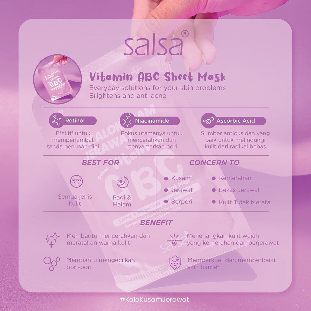 SALSA Sheet Mask 20g (Hyaluronic, Vitamin ABC, Snailed It) - Masker Wajah Daily Original BPOM