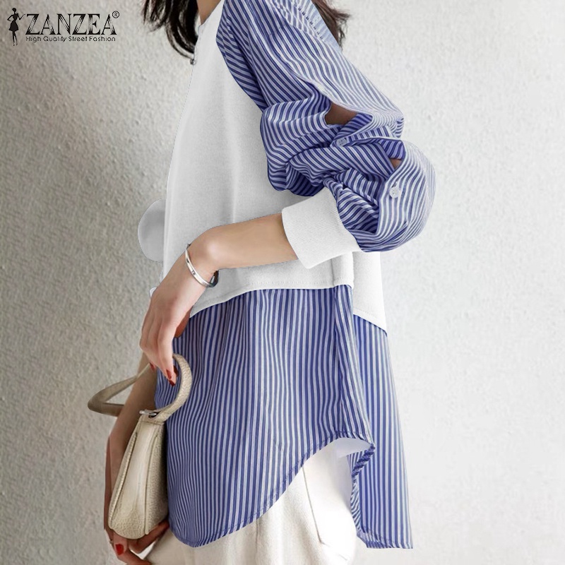 ZANZEA Women Office Loose Stripe Patchwork Top Holiday Casual Retro Long Sleeved Shirt Blouse