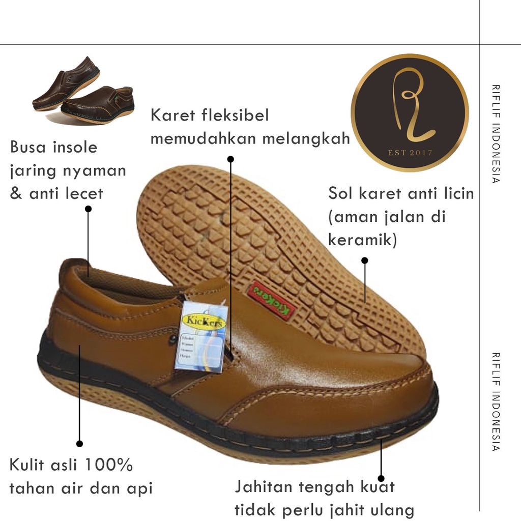 Sepatu Kickers / Sepatu Slip On Selop Pria Bahan Kulit Asli 100% Murah dan Gaya / Sepatu cowok Laki-laki Casual untuk Travelling dan Jalan-jalan Santai Sol Karet Elegan dan Keren