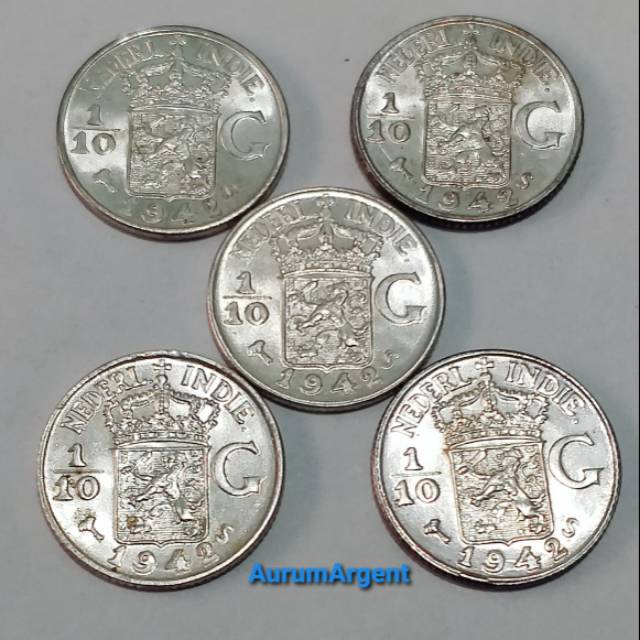 SA.117-- 5 PC KOIN PERAK KUNO ASLI 1/10 GULDEN NEDERL INDIE TH 1942. -- SILVER COIN --