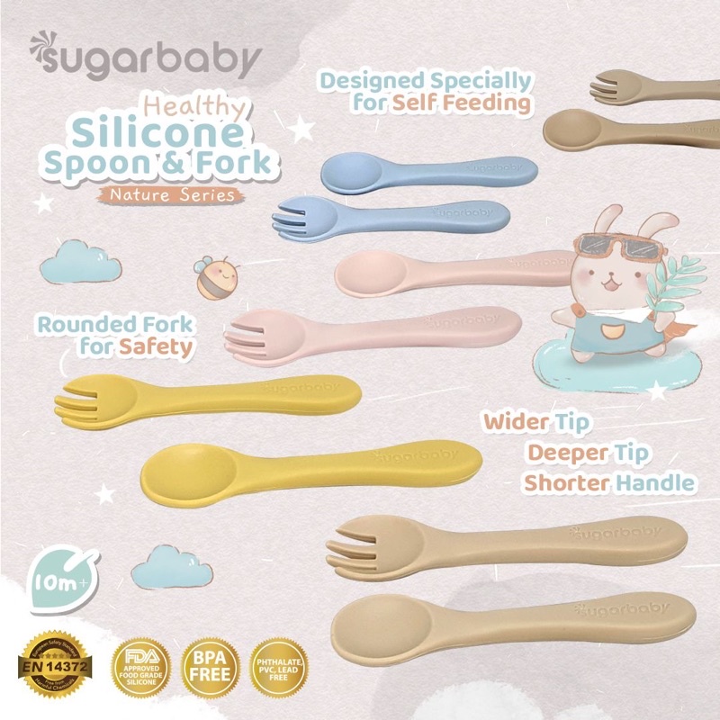 Sugar Baby Healthy silicone Plate Silicone Bowl Silicone Bib Silicone Spoon &amp; Fork