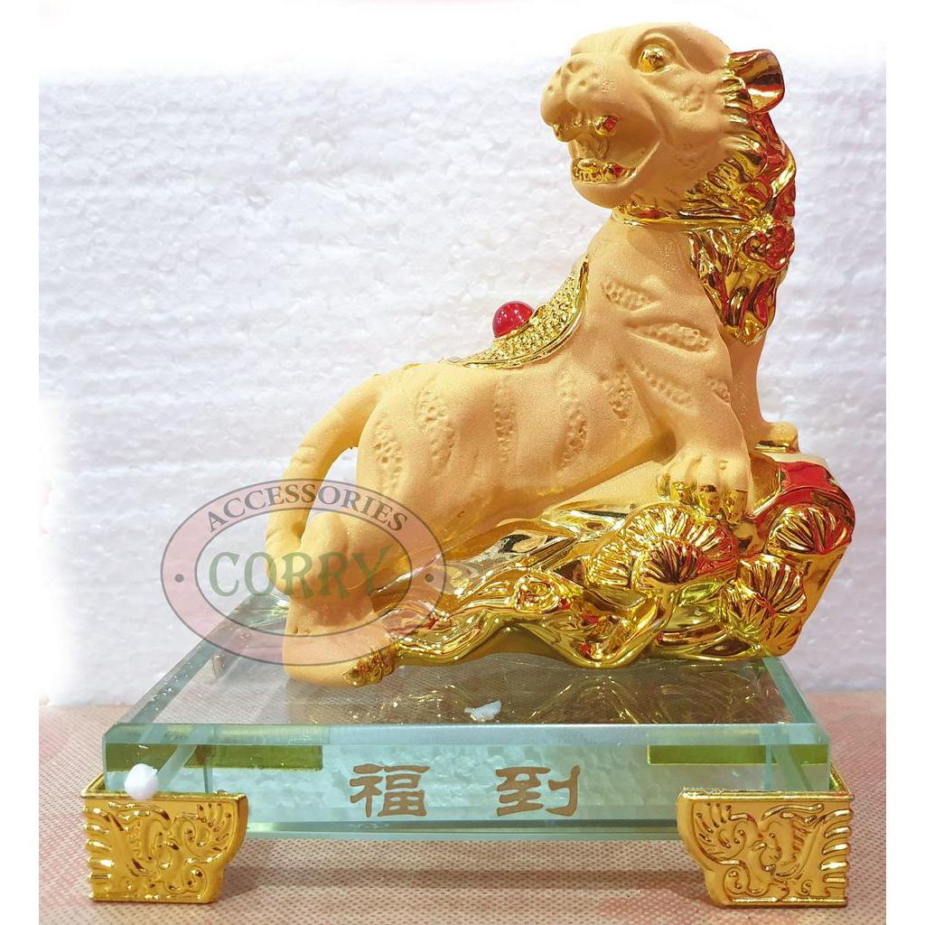Patung Emas Gold Shio Macan Harimau 9 Cm Doff Imlek Kaca Resin Rejeki Hoki