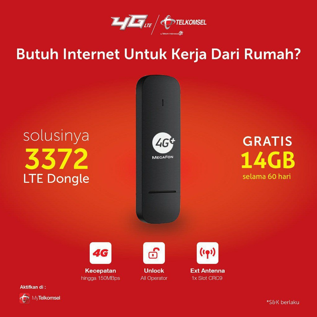 Modem USB Telkomsel 4G LTE 3372 Megafon Unlocked All Operator