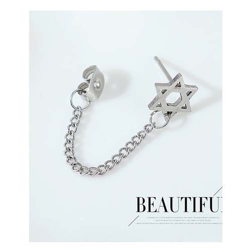 LRC Anting Tusuk Fashion Silver Single Side Hexagonal Star Hollow Chain Alloy Earrings Y64637